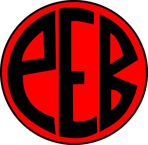 PEB in black letter centered inside and curving with a red circle.