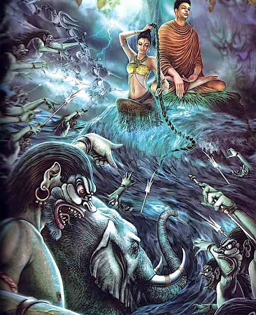 Painting of "Calling the earth to witness" in shades of blue. The Earth Goddess is ringing water out of her hair. In the iconography of Gautama Buddha in Laos and Thailand, "touching the earth" mudra (Maravijaya Attitude) refers to the Buddha's pointing towards the earth to summon the Earth Goddess to come to his assistance in obtaining enlightenment by witnessing to his past good deeds.